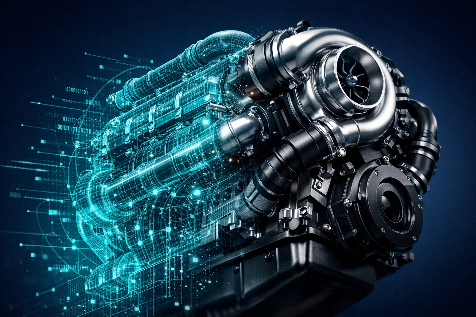 Digital blueprint transitioning into a physical machine component, illustrating reliable engineering automation results.