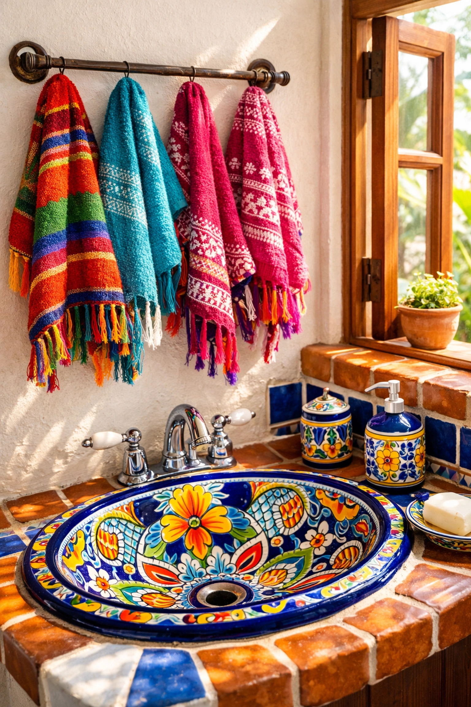 Clean bathroom with local Talavera tiles and fresh towels in our Puerto Vallarta rental condos.