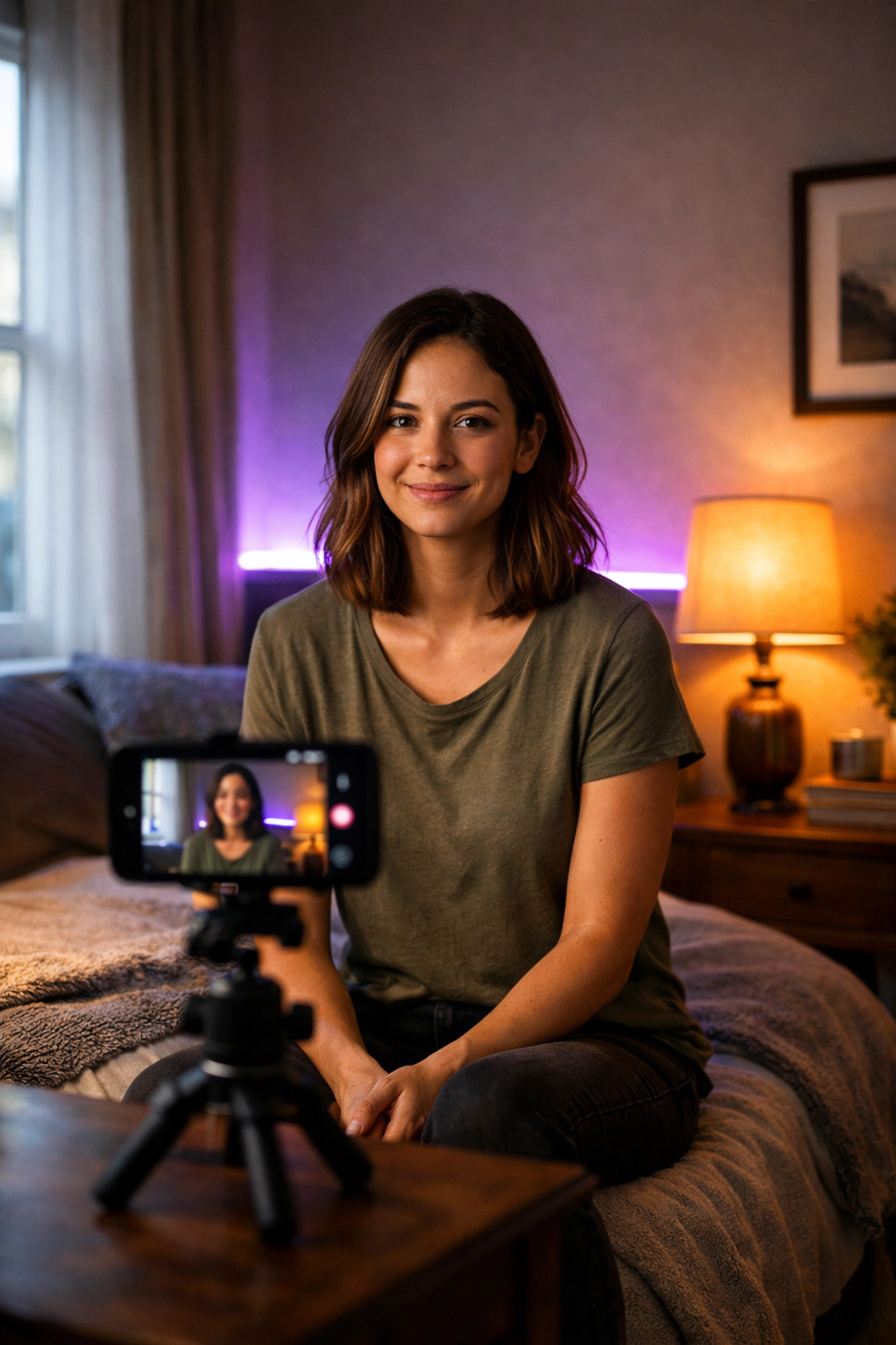 Three-point lighting setup in a home studio using a window, lamp, and background neon light.