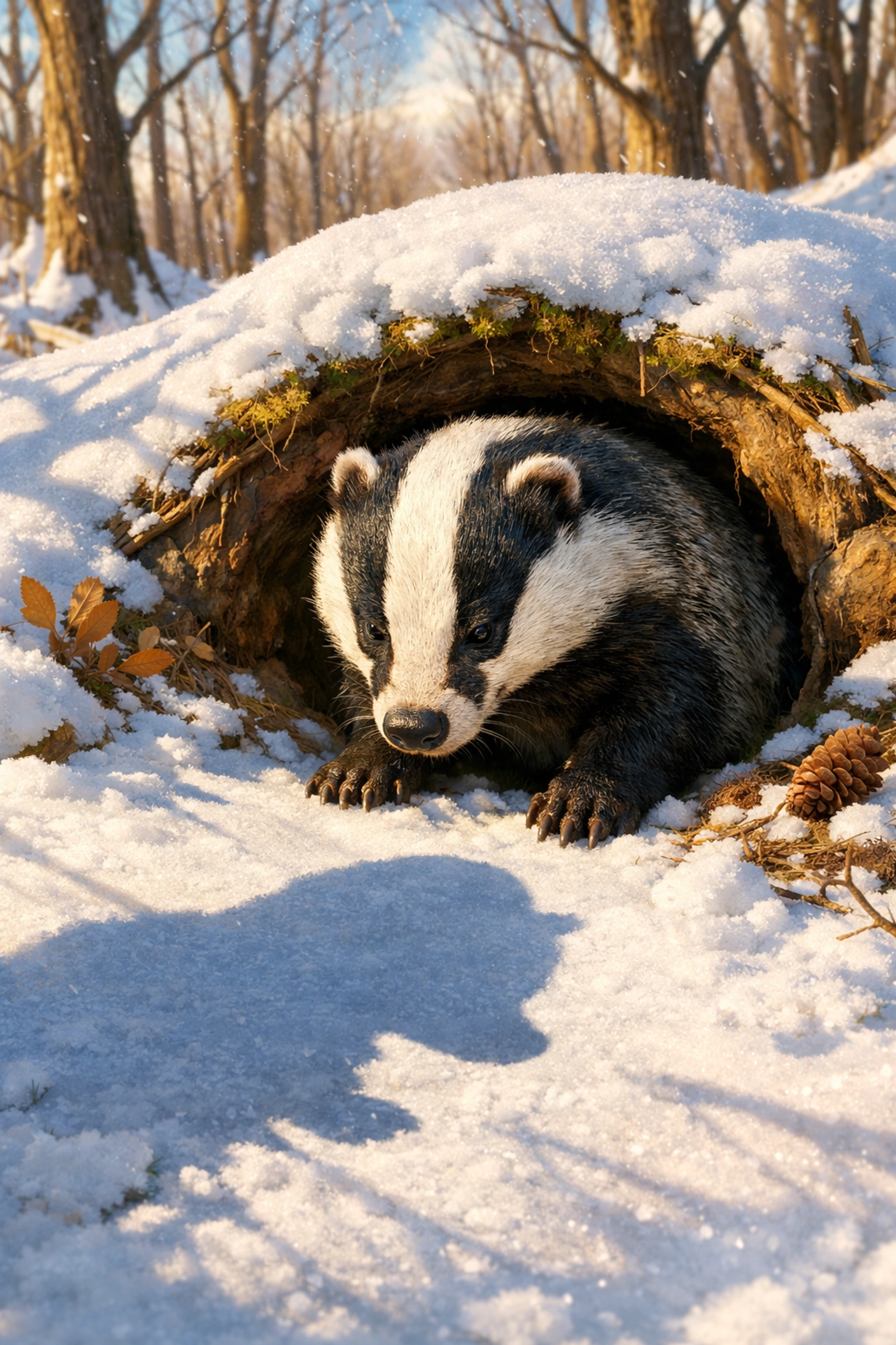 German badger emerging from burrow seeing its shadow on Dachstag Badger Day tradition