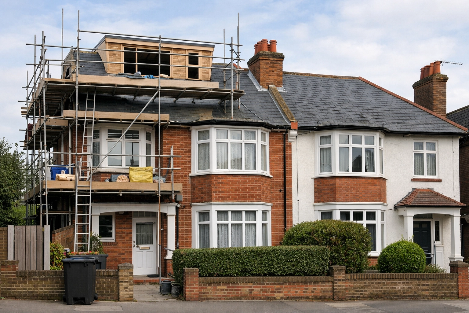 London semi-detached houses showing party wall and loft conversion scaffolding