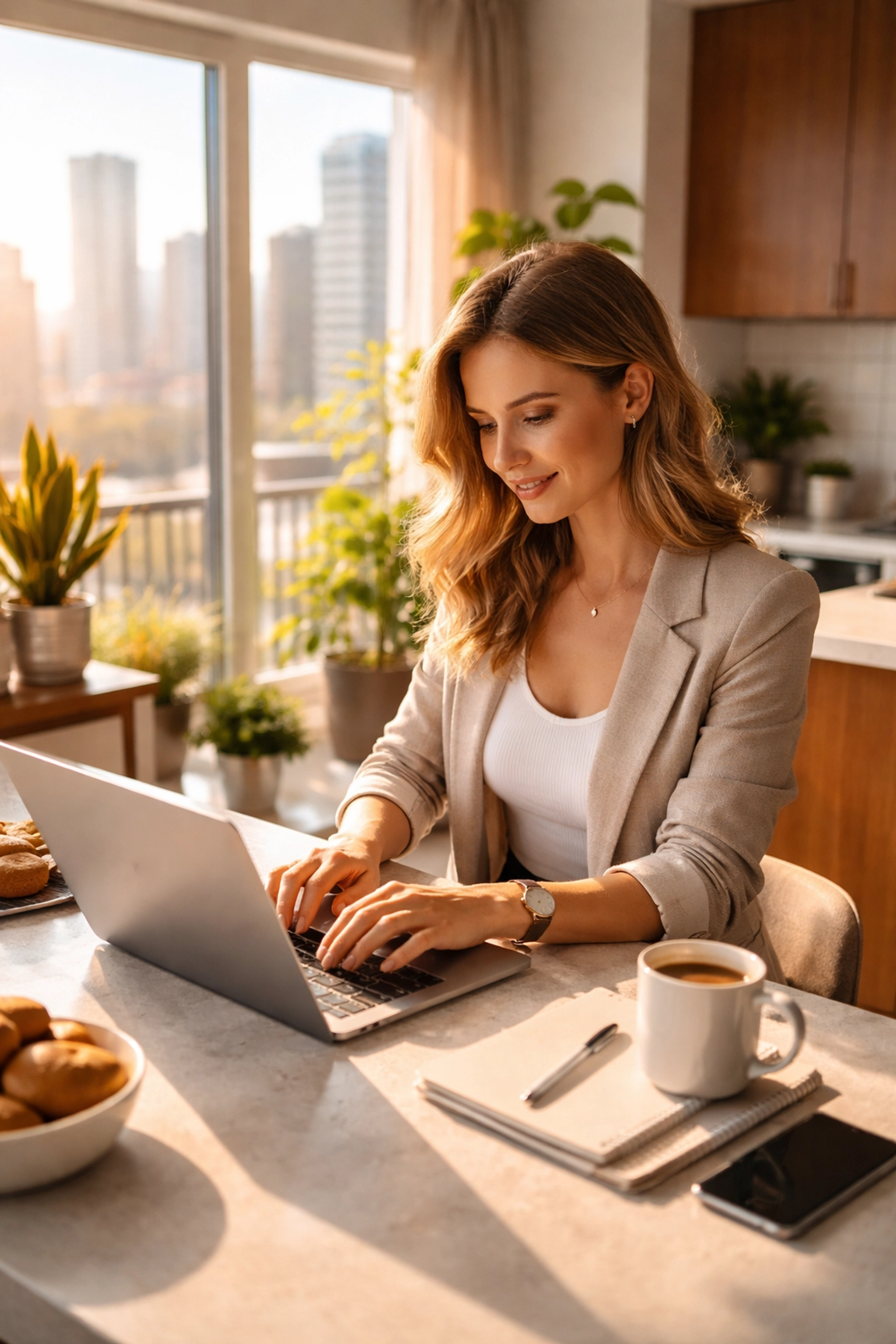 Young professional woman working remotely in a modern furnished apartment, representing medium-term rental tenants