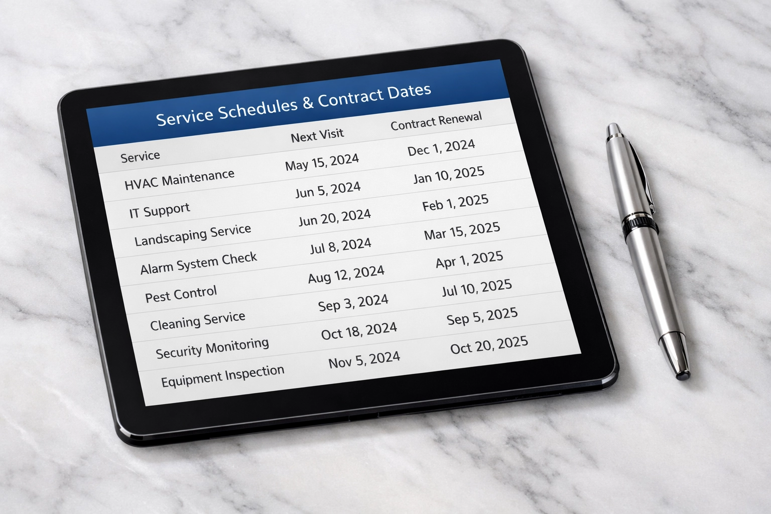 A tablet showing maintenance service schedules representing stable recurring revenue for an Alabama business sale.