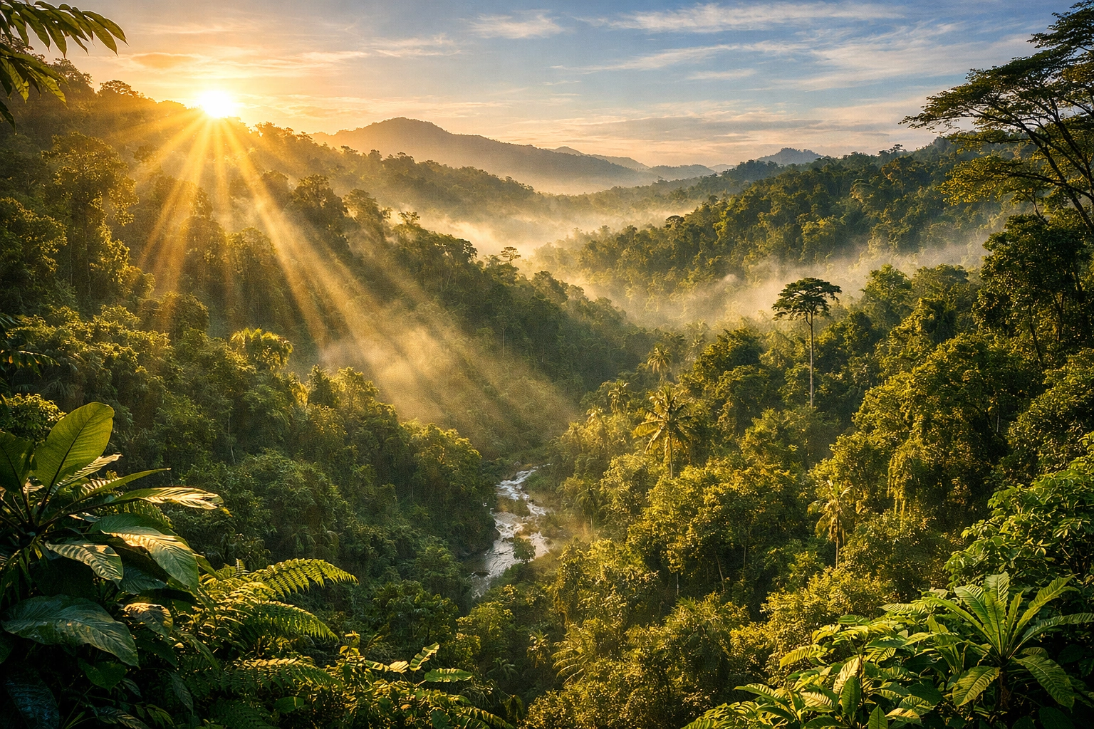 Breathtaking sunrise over a lush rainforest valley, illustrating thriving ecosystems and conservation success.