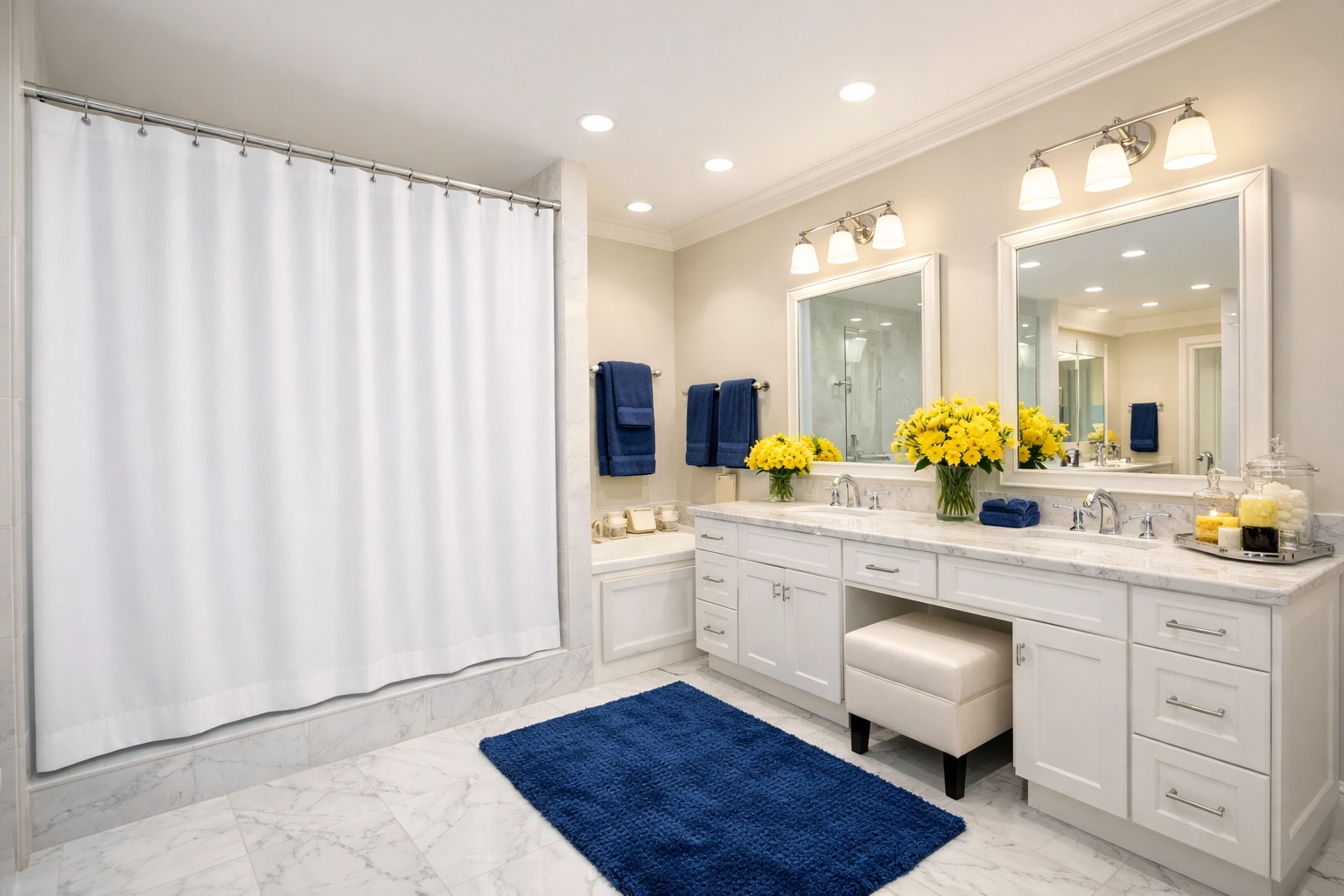 A spotless and professionally cleaned master bathroom featuring a crisp white shower curtain and sparkling surfaces.