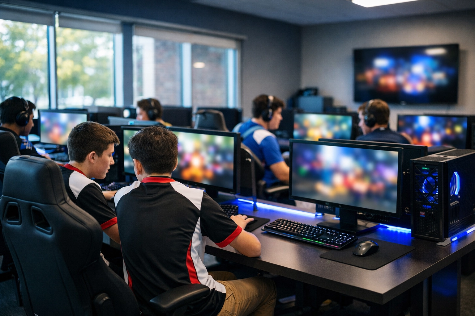 Students collaborating in a professional high school esports gaming pod environment for educational growth.