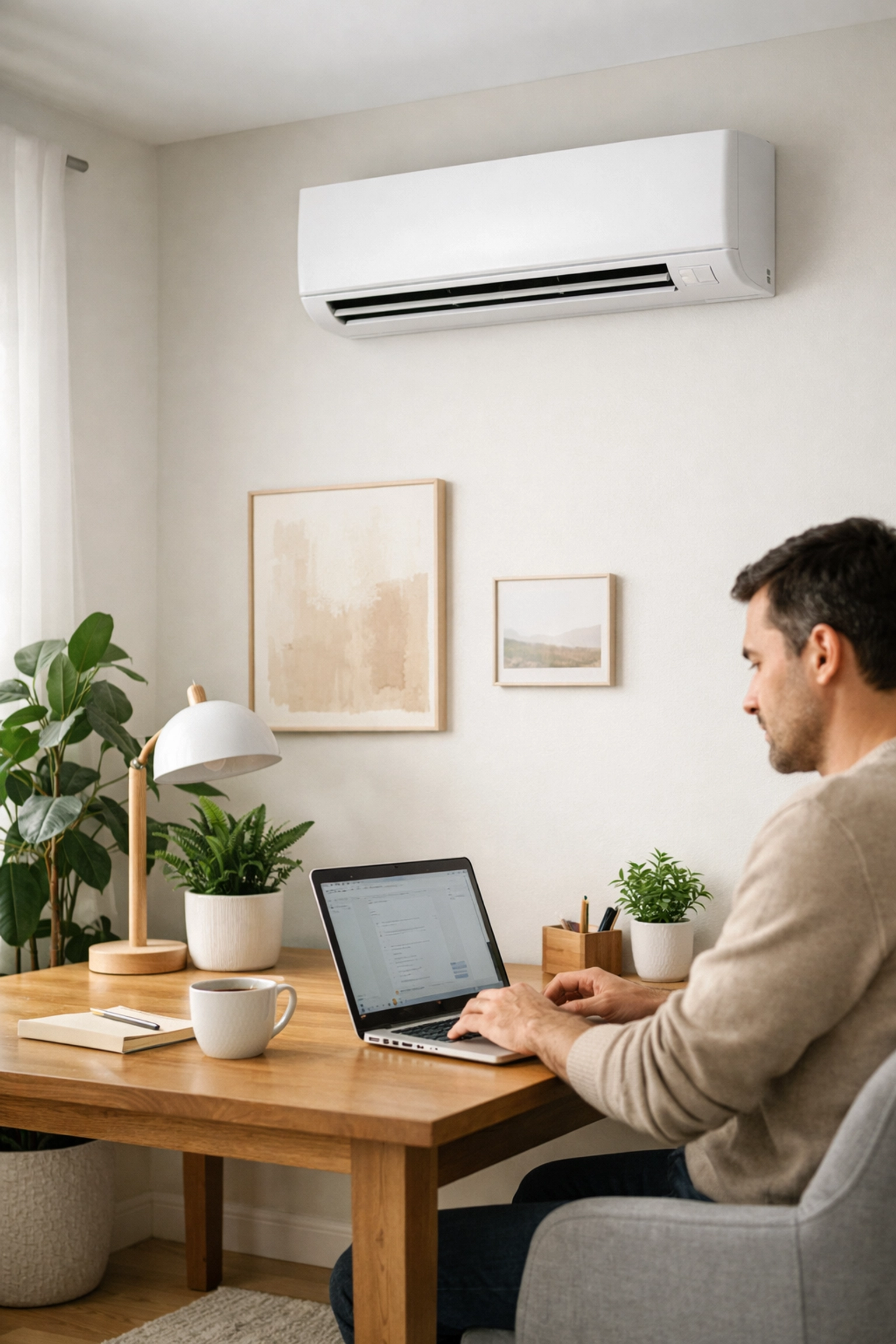 Ductless mini-split system providing quiet climate control in a bright Southern Maine home office.