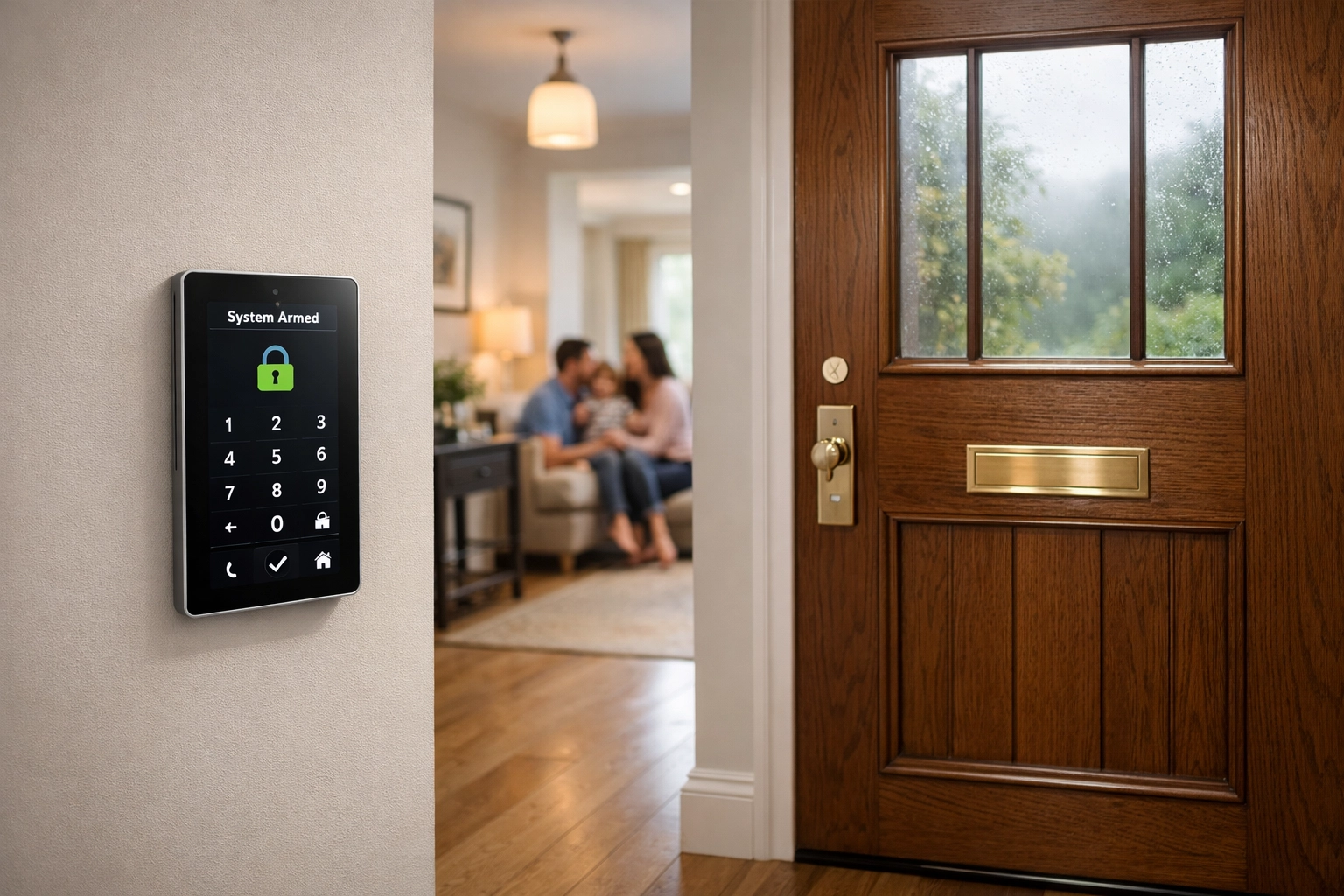A sleek touchscreen alarm keypad installed near a front door providing home security and peace of mind in Abergavenny.