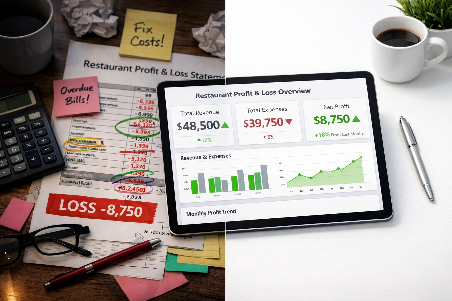 Restaurant profit and loss statement transformation from loss to profit