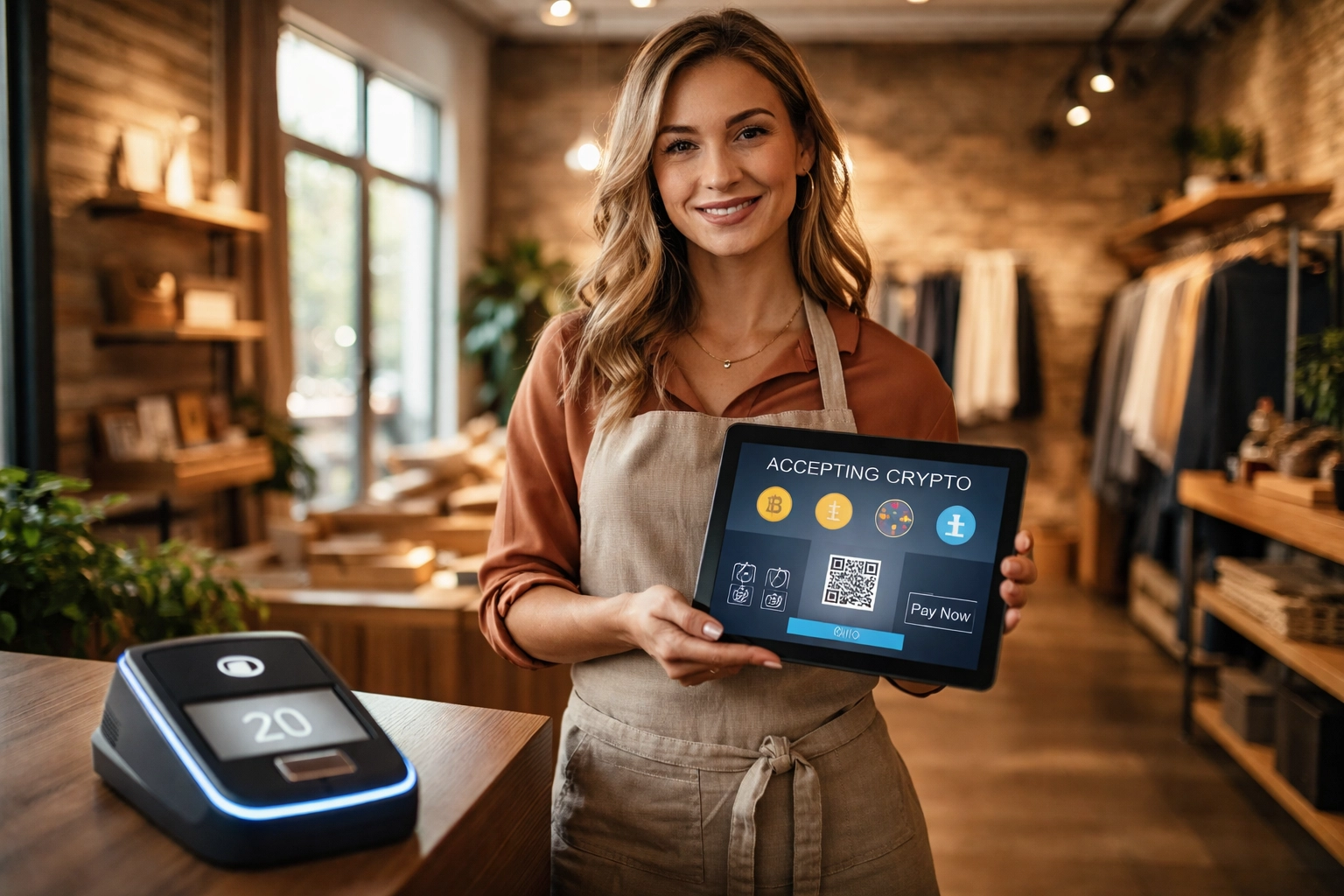 Small business owner using crypto POS system for self-custody payment processing in retail shop