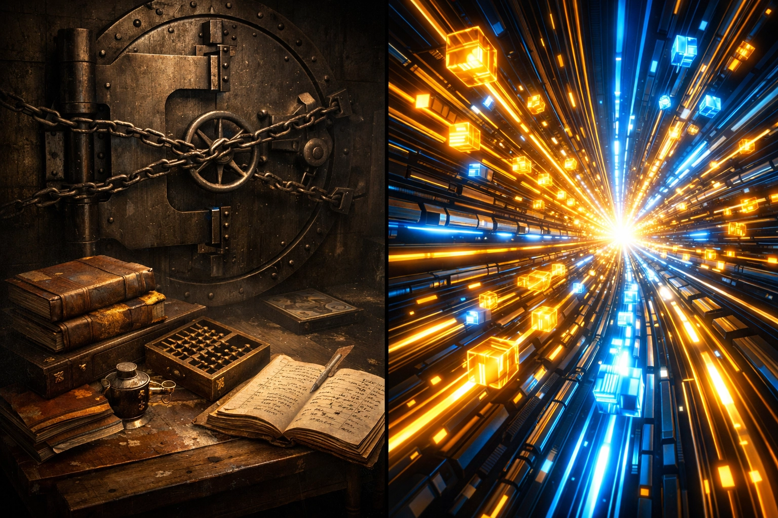 Legacy banking vault vs. high-speed LareBlocks blockchain infrastructure for lower merchant fees and instant payments.