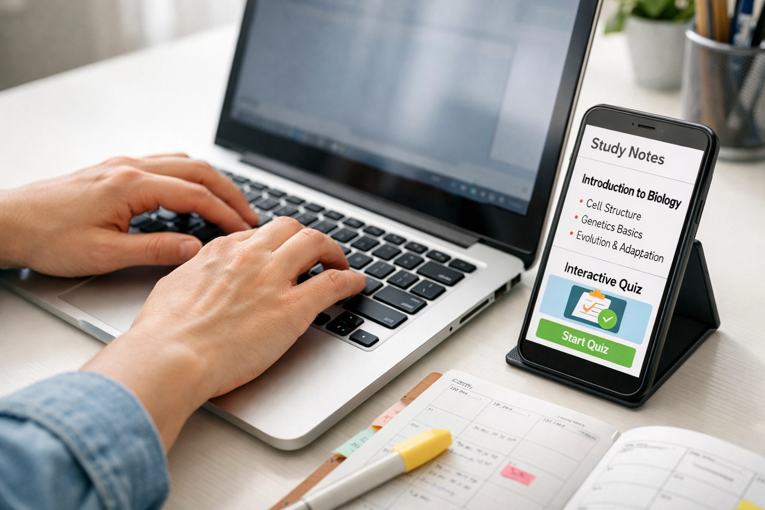 Flexible CLEP exam study setup with laptop and smartphone for working parents (1x1, center safe zone)