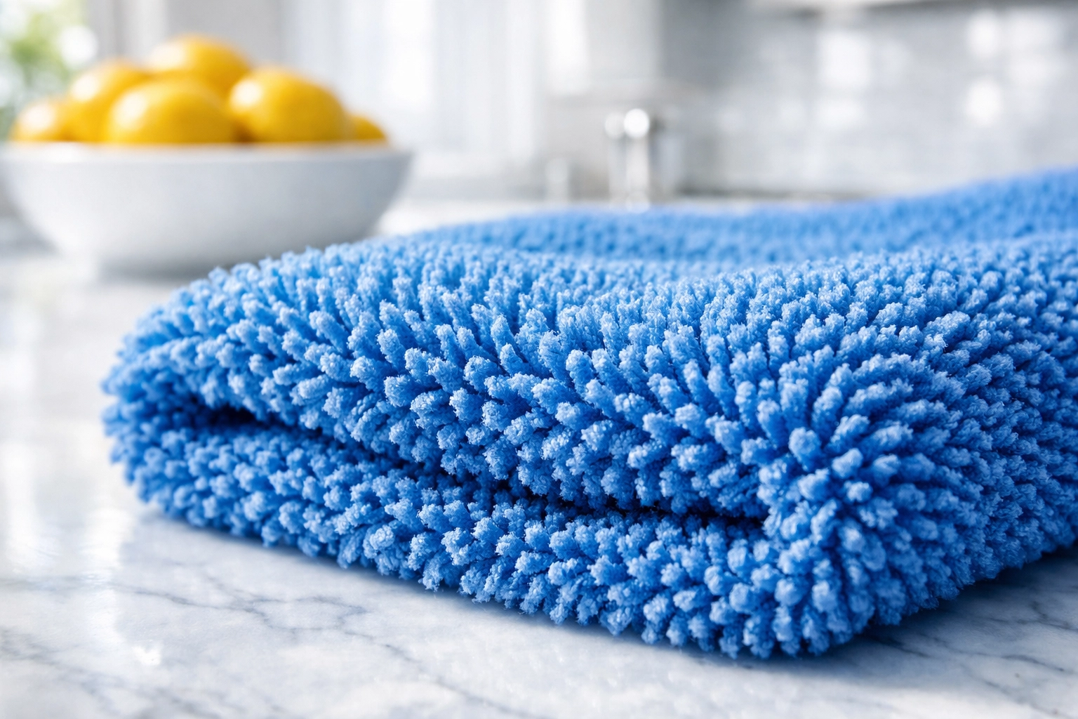 Close-up of a blue microfiber cloth on a marble counter for effective bi weekly house cleaning.