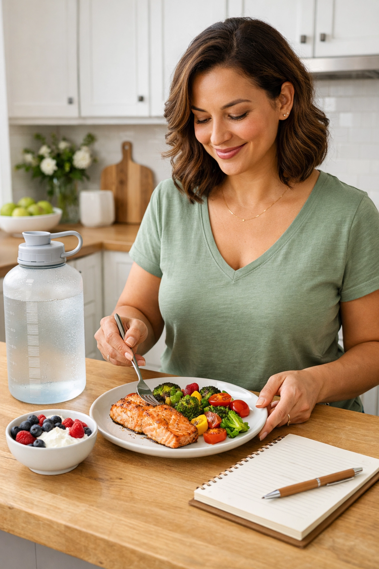 A woman preparing a balanced meal to support her medical weight loss and wellness journey.