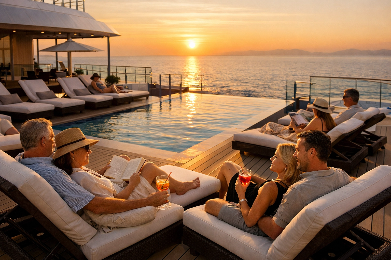 Adults relaxing on Norwegian Cruise Line sundeck with sunset views