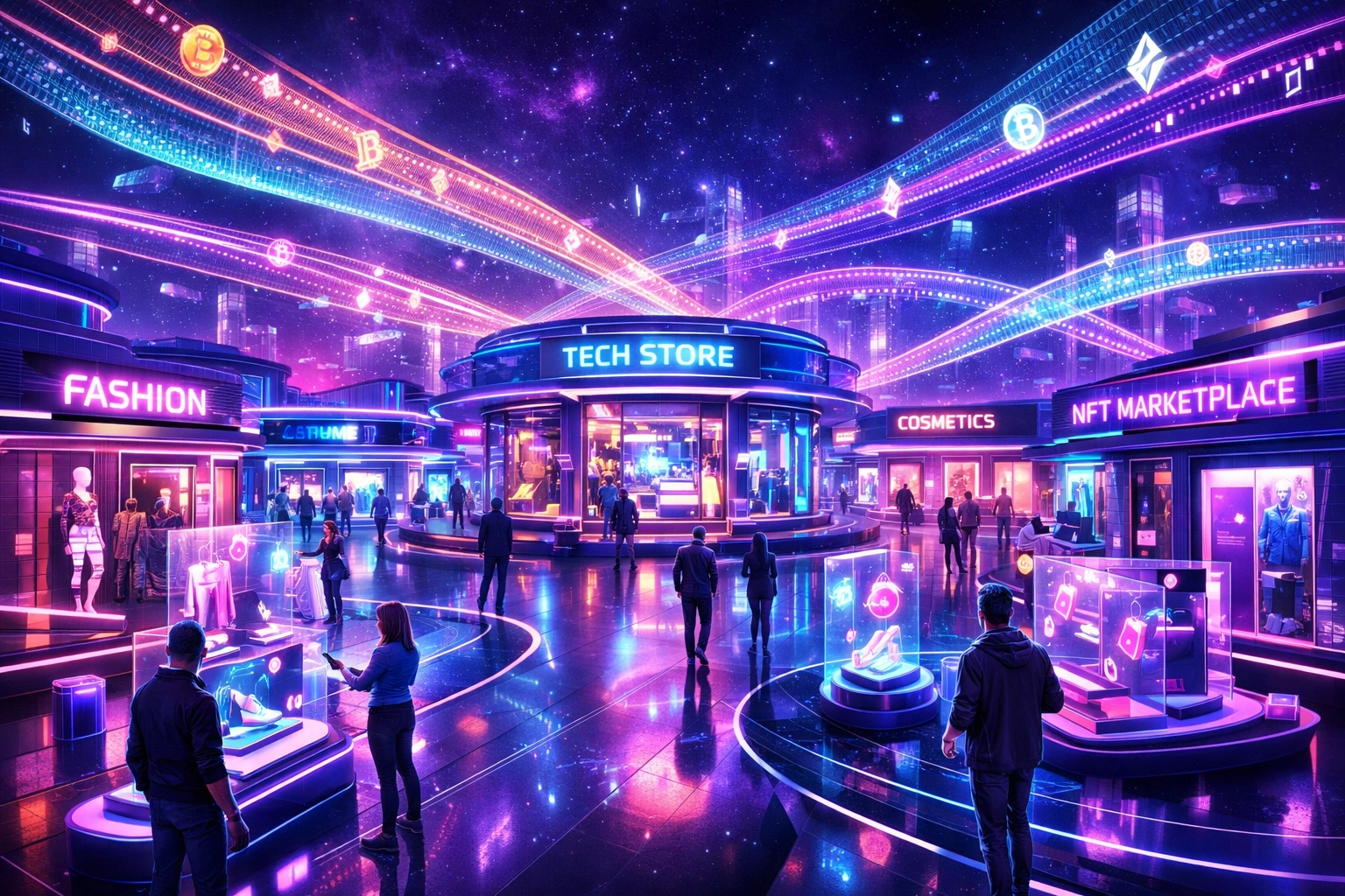 Virtual shopping mall in the metaverse with avatars browsing holographic product displays