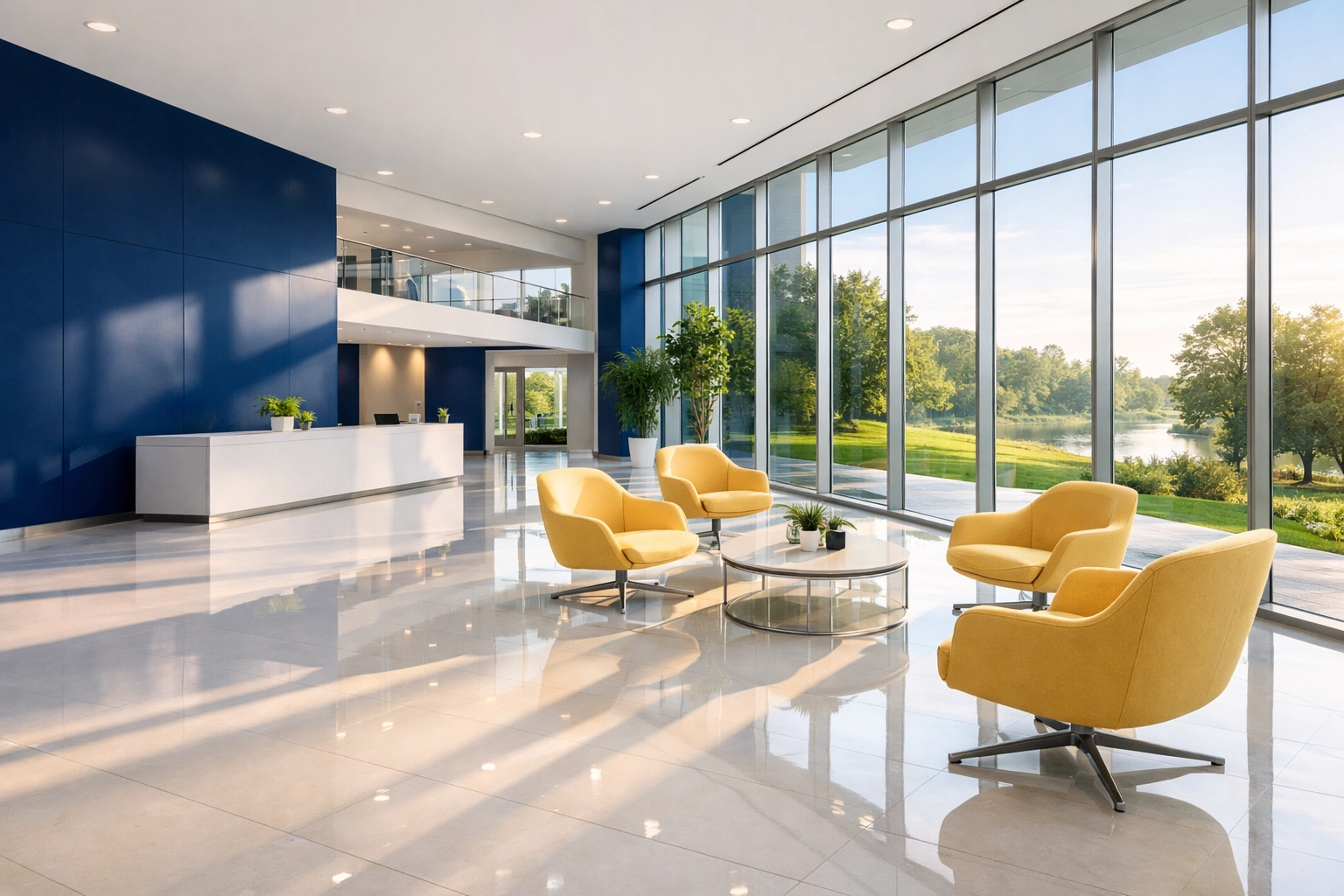 A pristine office lobby with polished floors showcasing professional commercial cleaning in Hubbardston, MA.