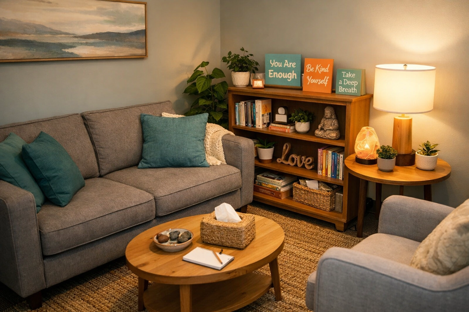 Welcoming LGBTQ-affirming therapy office with comfortable seating and inclusive decor