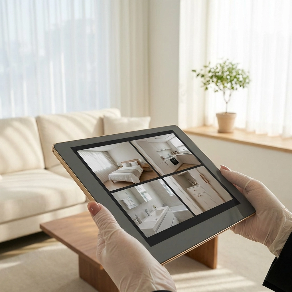 Inventory clerk inspects property using tablet to review photos in bright rental for tenancy turnover