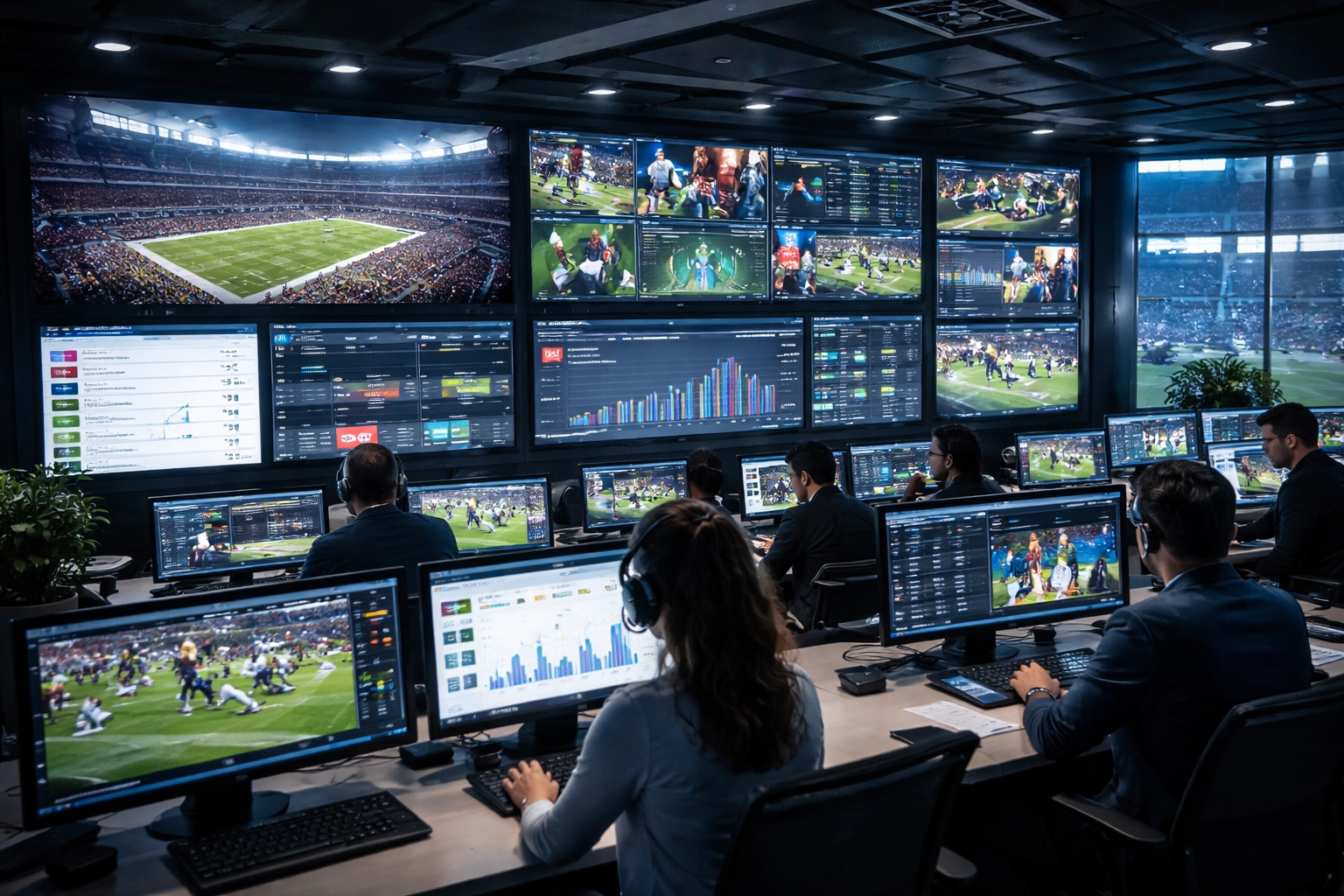 Modern sports marketing team manages digital assets in a stadium control room with live multi-platform content.