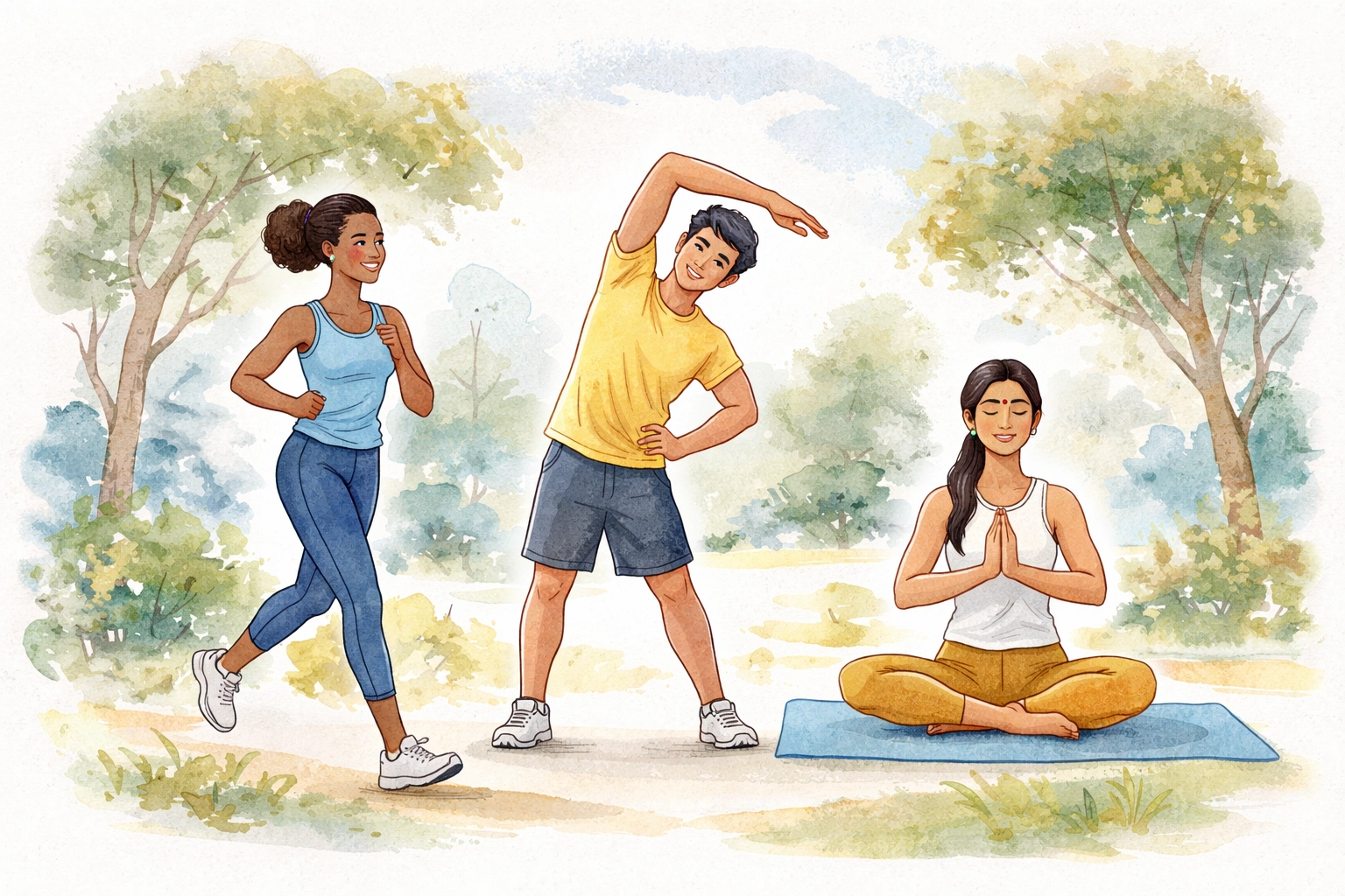 Diverse group exercising together in a park, illustrating faith and fitness at Boundless Online Church.