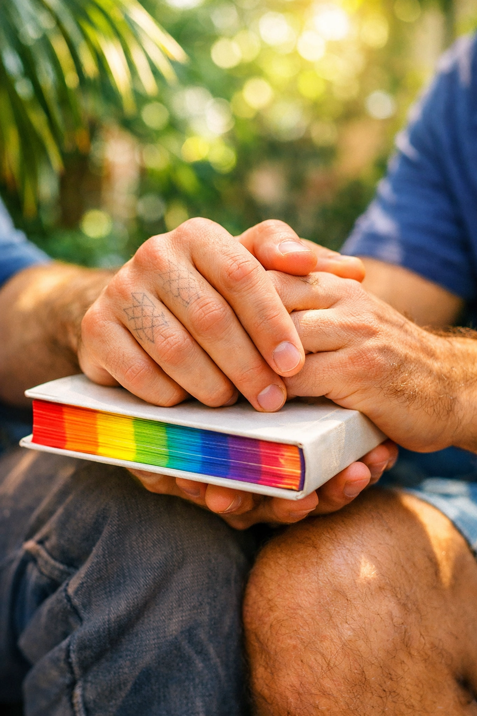 A gay couple's hands holding a rainbow book in a garden, reflecting the hope found in MM romance novels.