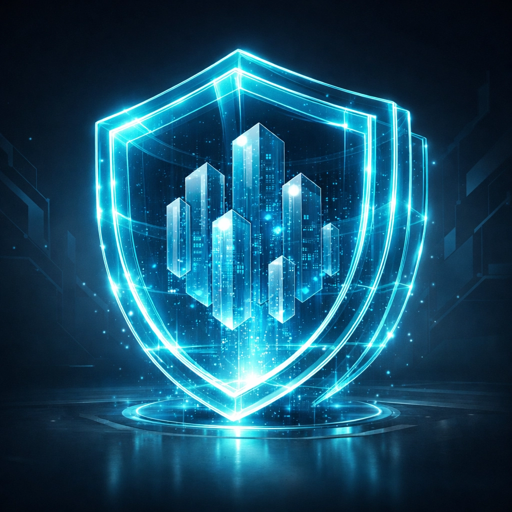 Secure digital shield representing small business network security and cyber protection layers.