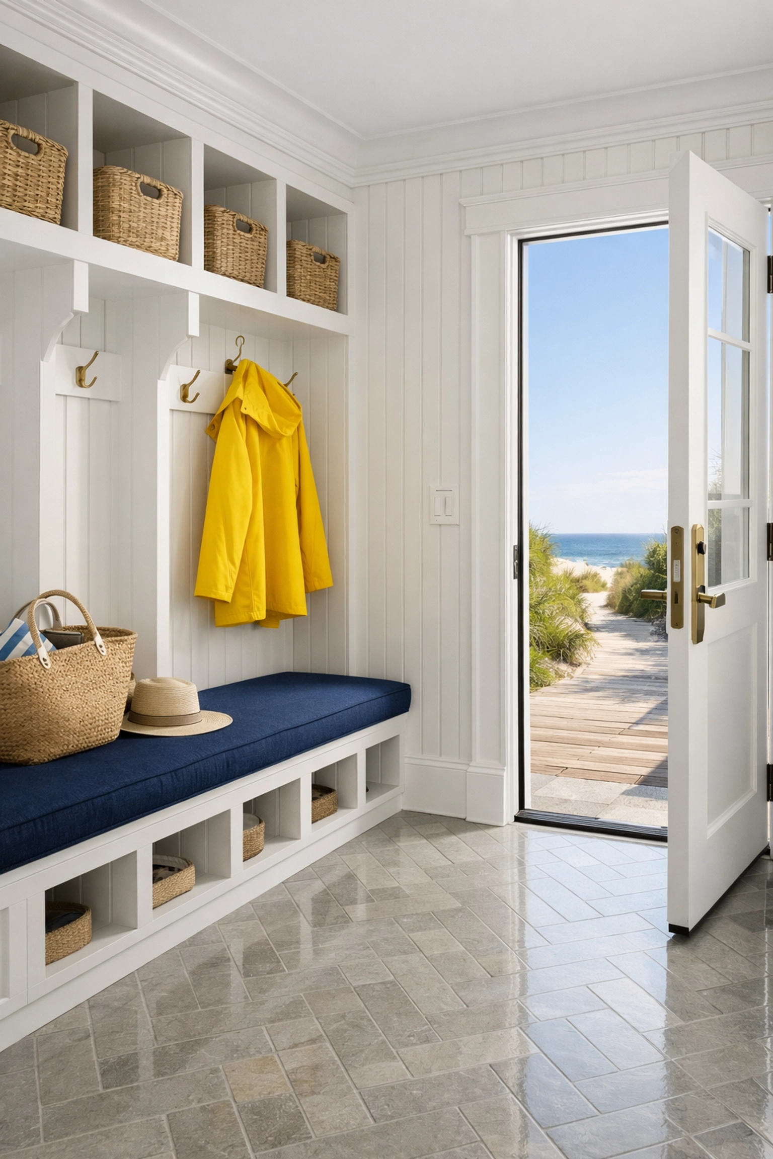Surgically pristine coastal mudroom in Marblehead, showcasing house cleaning service in Marblehead MA excellence.