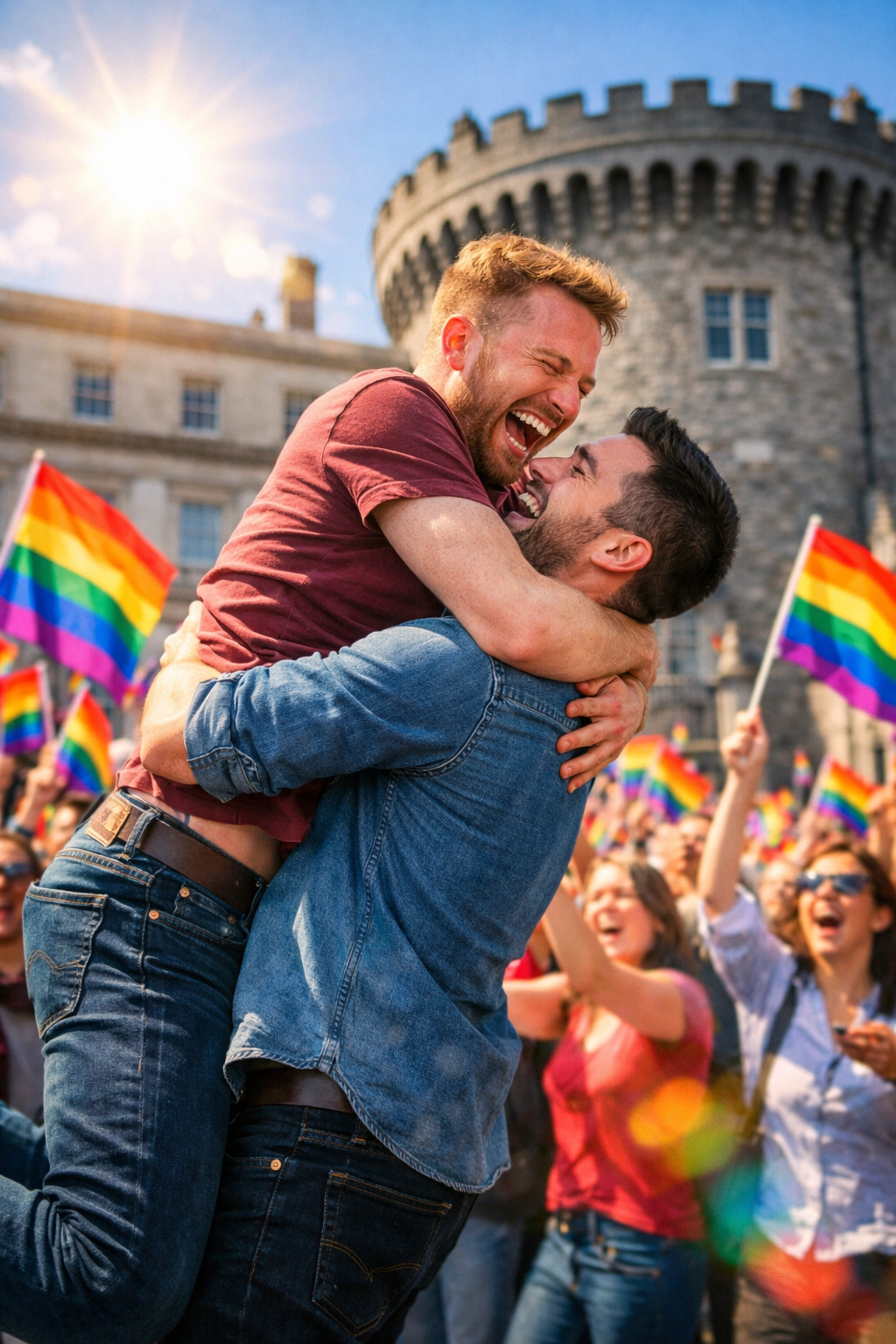 Same-sex couple celebrating Ireland's marriage equality victory with rainbow flags at Dublin Castle.