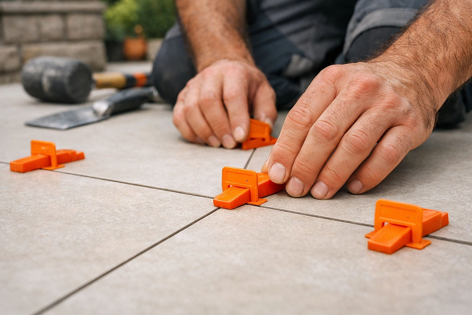Professional porcelain patio installation using a precision levelling system for a perfectly flat finish.