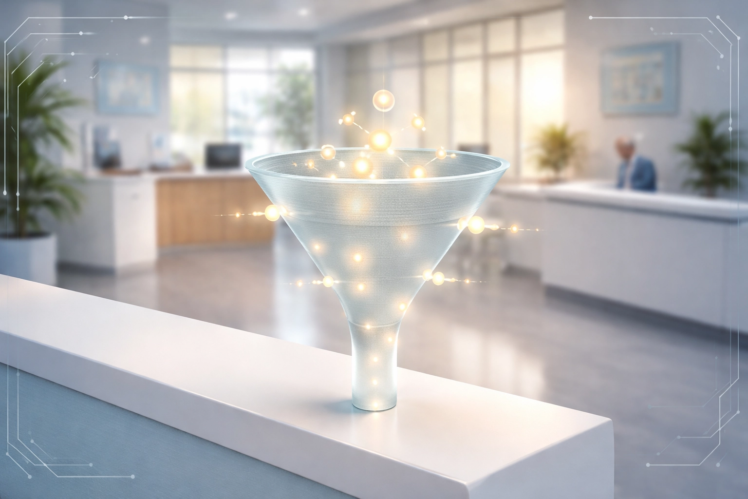 Healthcare facility reception desk with funnel metaphor, illustrating lead conversion leaks in addiction treatment marketing.