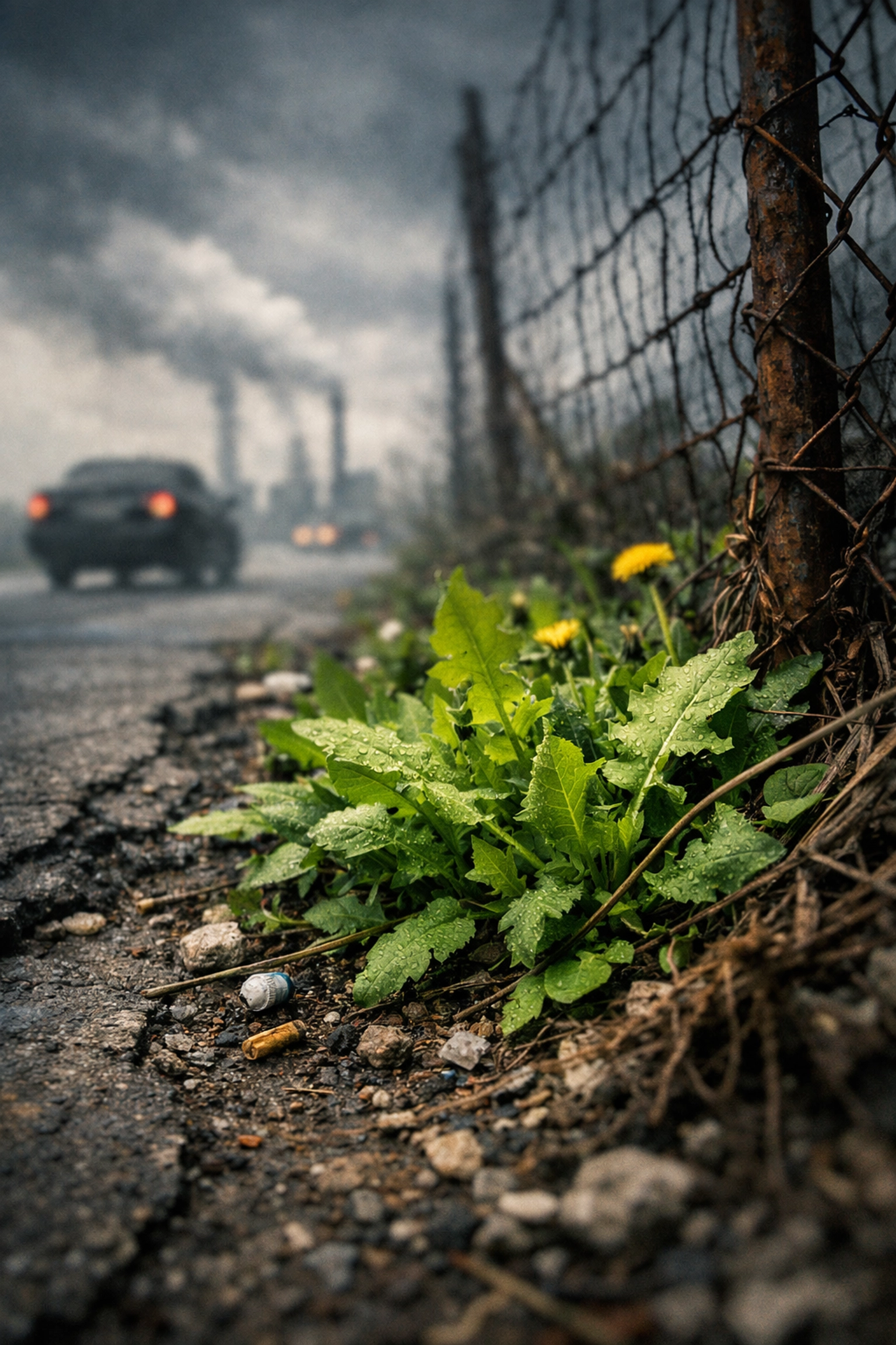 Wild greens growing near a polluted road, highlighting the importance of safe foraging areas.
