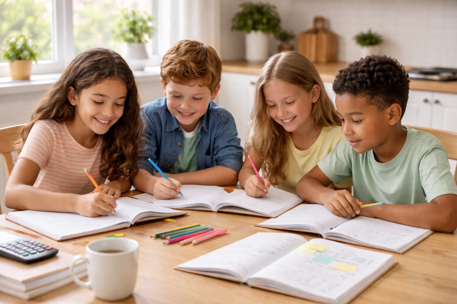 Vier kinderen (2 jongens, 2 meisjes) met diverse achtergronden aan tafel met huiswerk, rustige toetsvoorbereiding in groep 8.