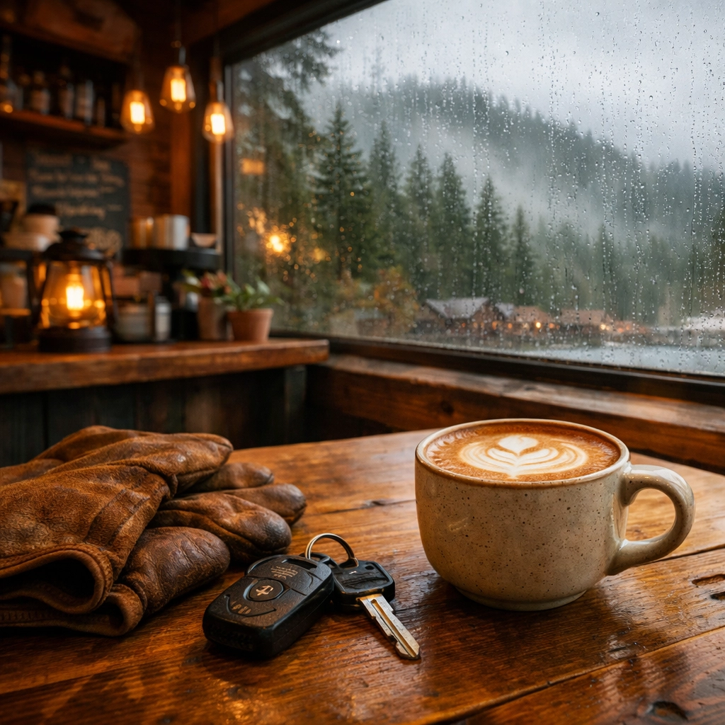Relaxing coffee shop table with work gloves, representing stress-free bookkeeping for Oregon trades.