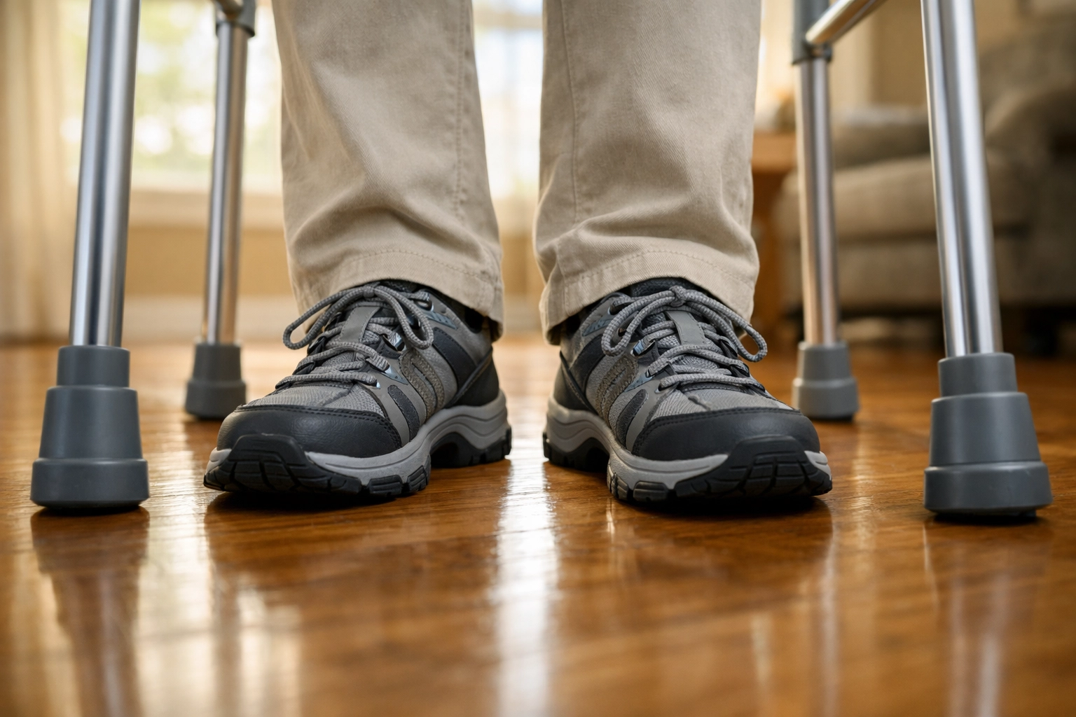 Correct foot placement between walker legs with feet shoulder-width apart for safe turning.