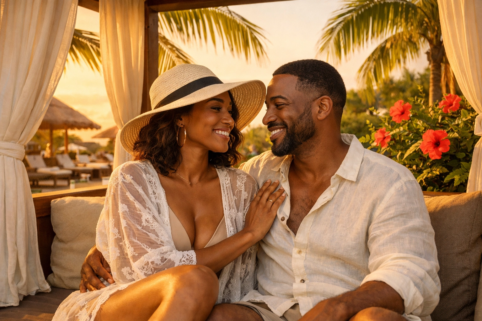 Black couple relaxing at a luxury adults only resort cabana after a lifestyle resorts booking.
