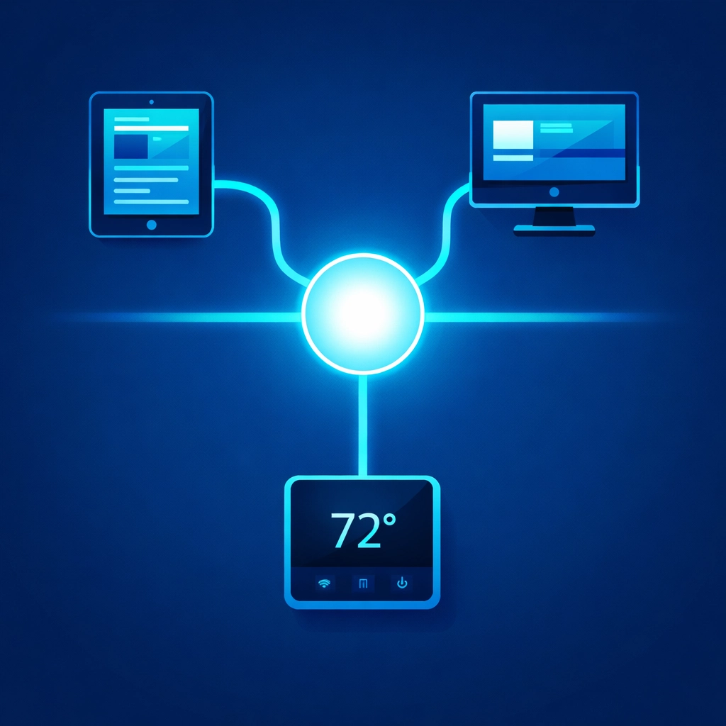 Flat illustration of a central data hub syncing HVAC dispatching software between office and field devices.
