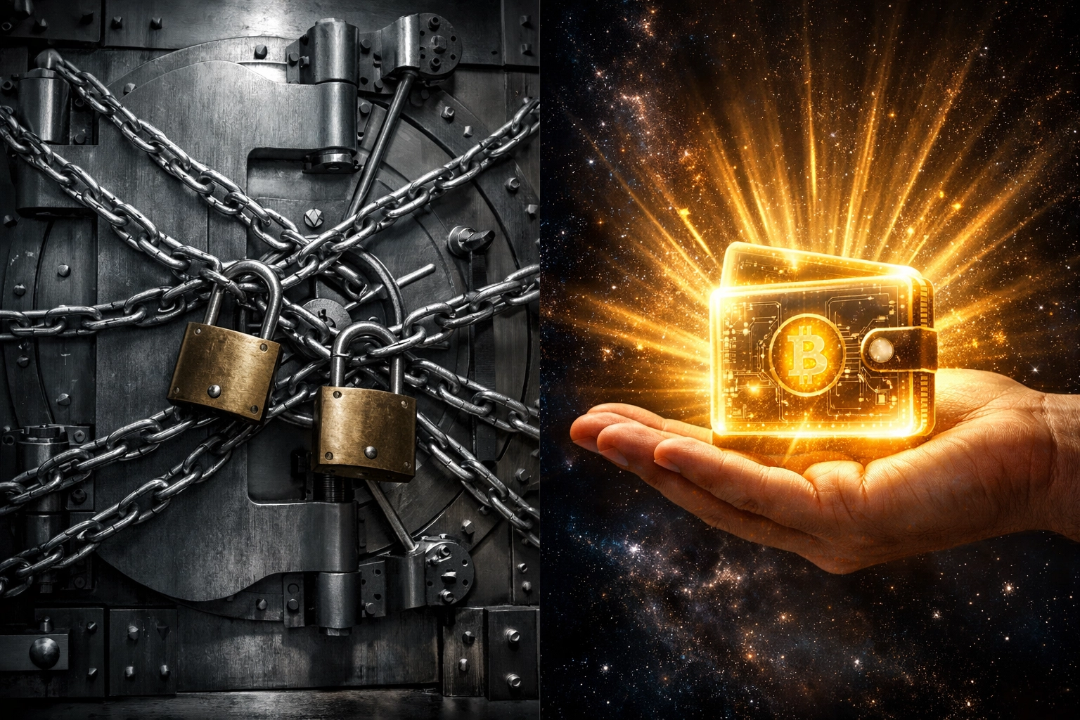 Self-custody crypto wallet versus custodial bank vault illustrating financial sovereignty
