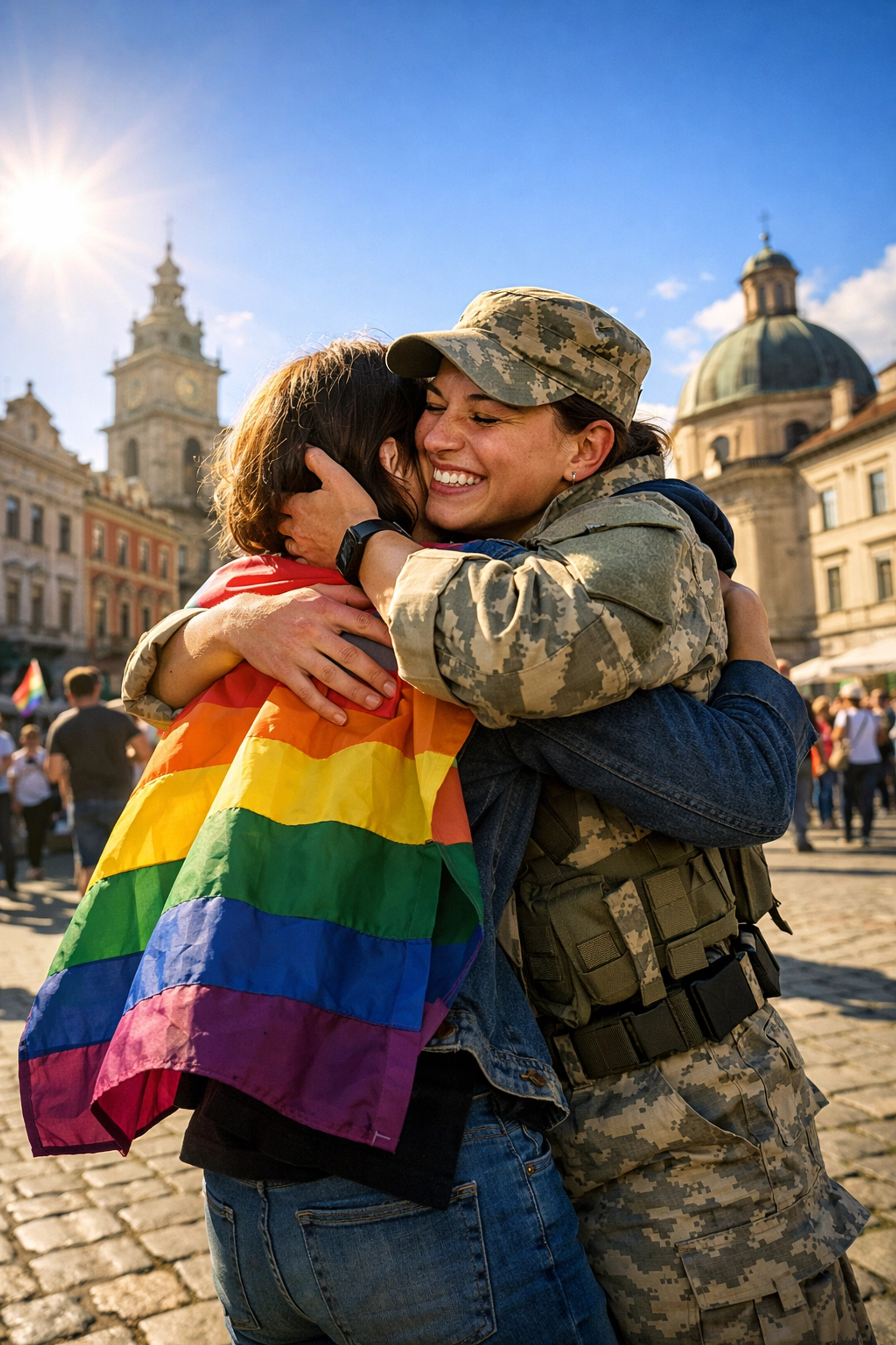 A lesbian soldier and her partner embrace in a city square, symbolizing queer rights and the fight for equality in Ukraine.