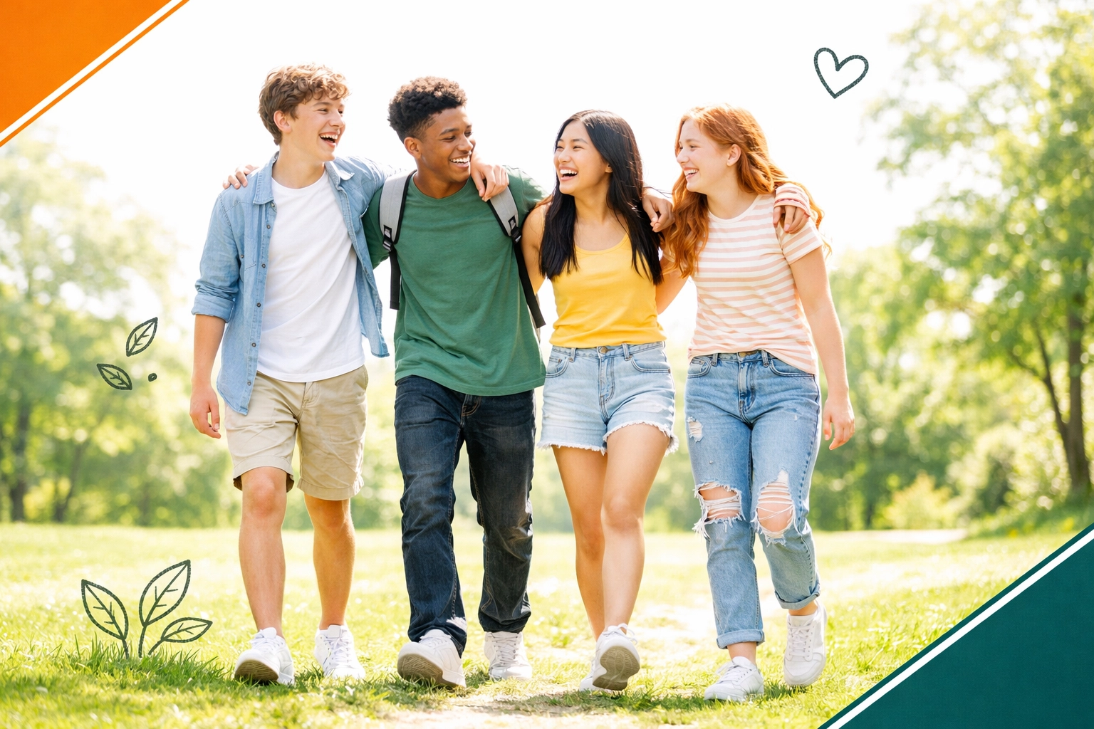 Diverse teenagers walking in a park, showing the confidence and character growth built through life skills.