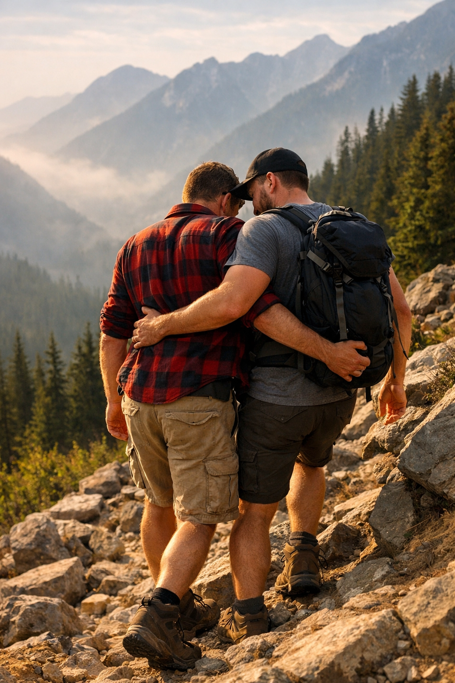 Two men navigate mountain trail together showing trust and support in gay romance story