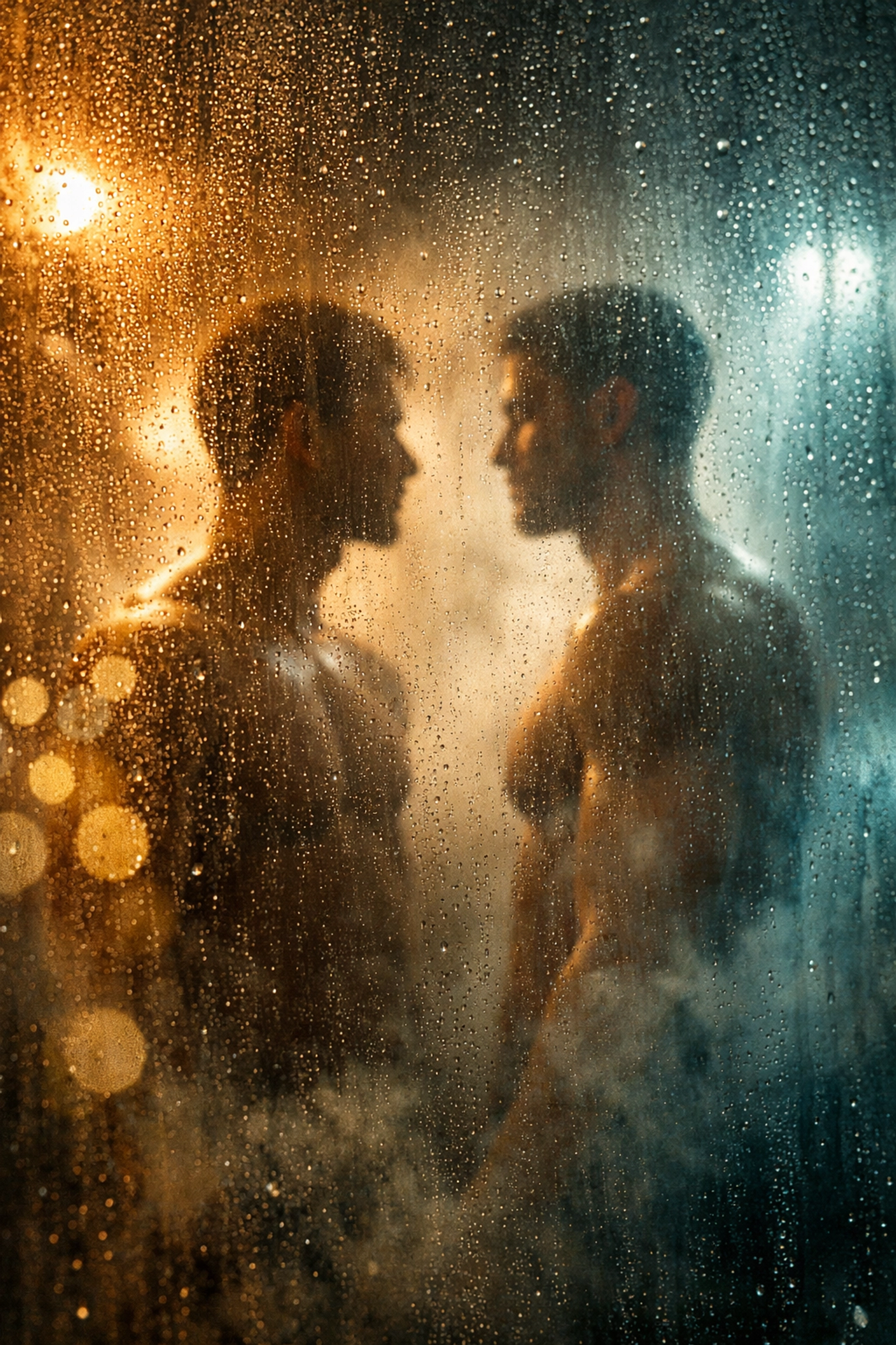 Steam and silhouettes of two men in gym shower, intimate vulnerability moment