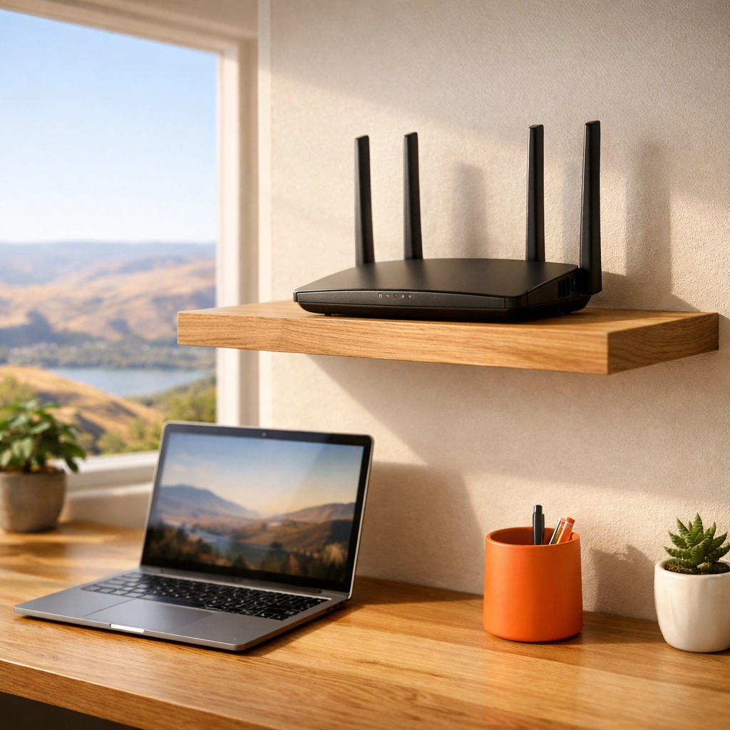 High-speed internet router on a high shelf in a Lewiston home office, optimizing WiFi coverage and signal.