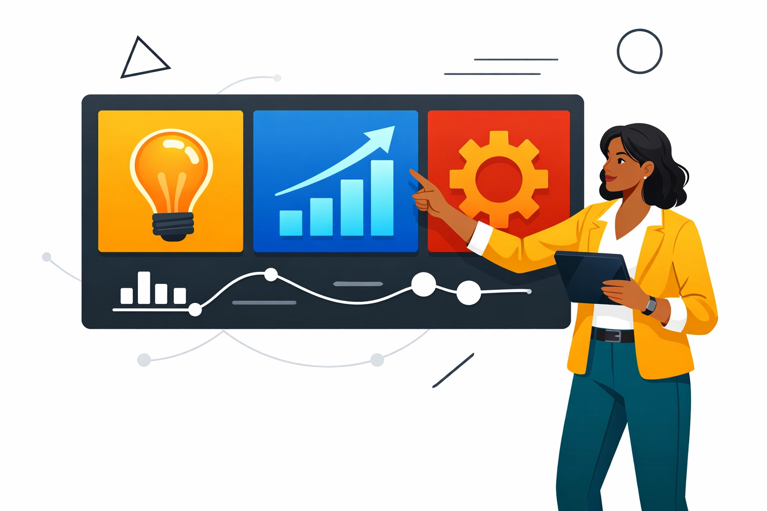 A professional woman using a digital dashboard to track custom eLearning engagement and performance metrics.