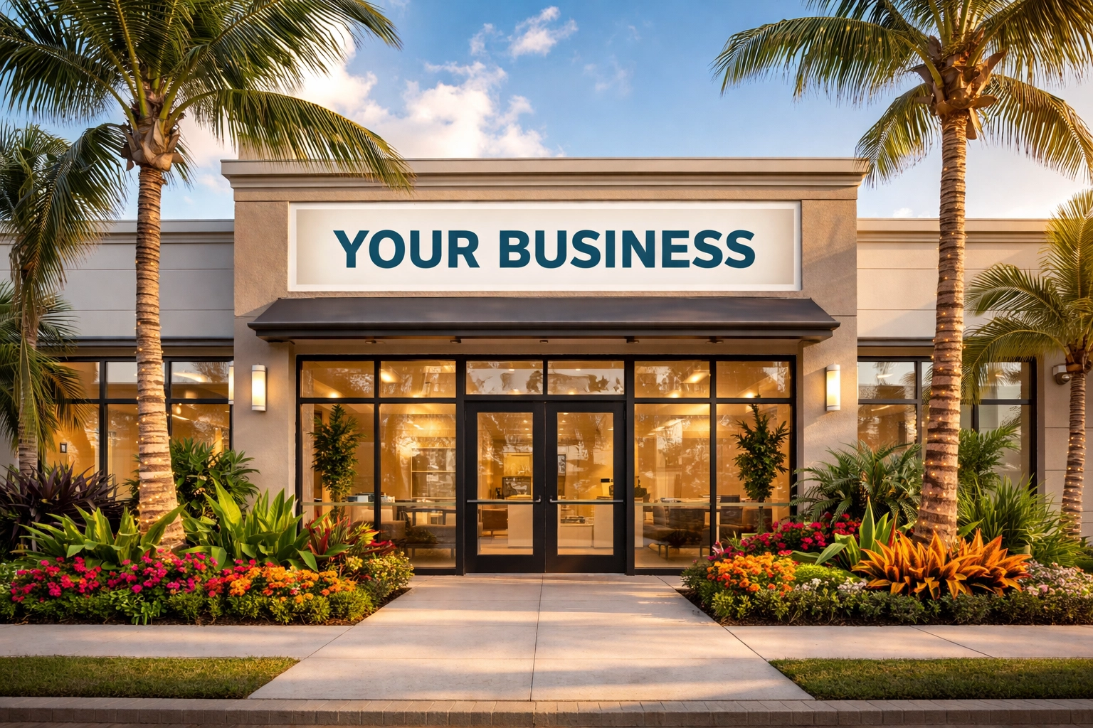 Modern Florida small business storefront with palm trees, showing general liability protection for local operations