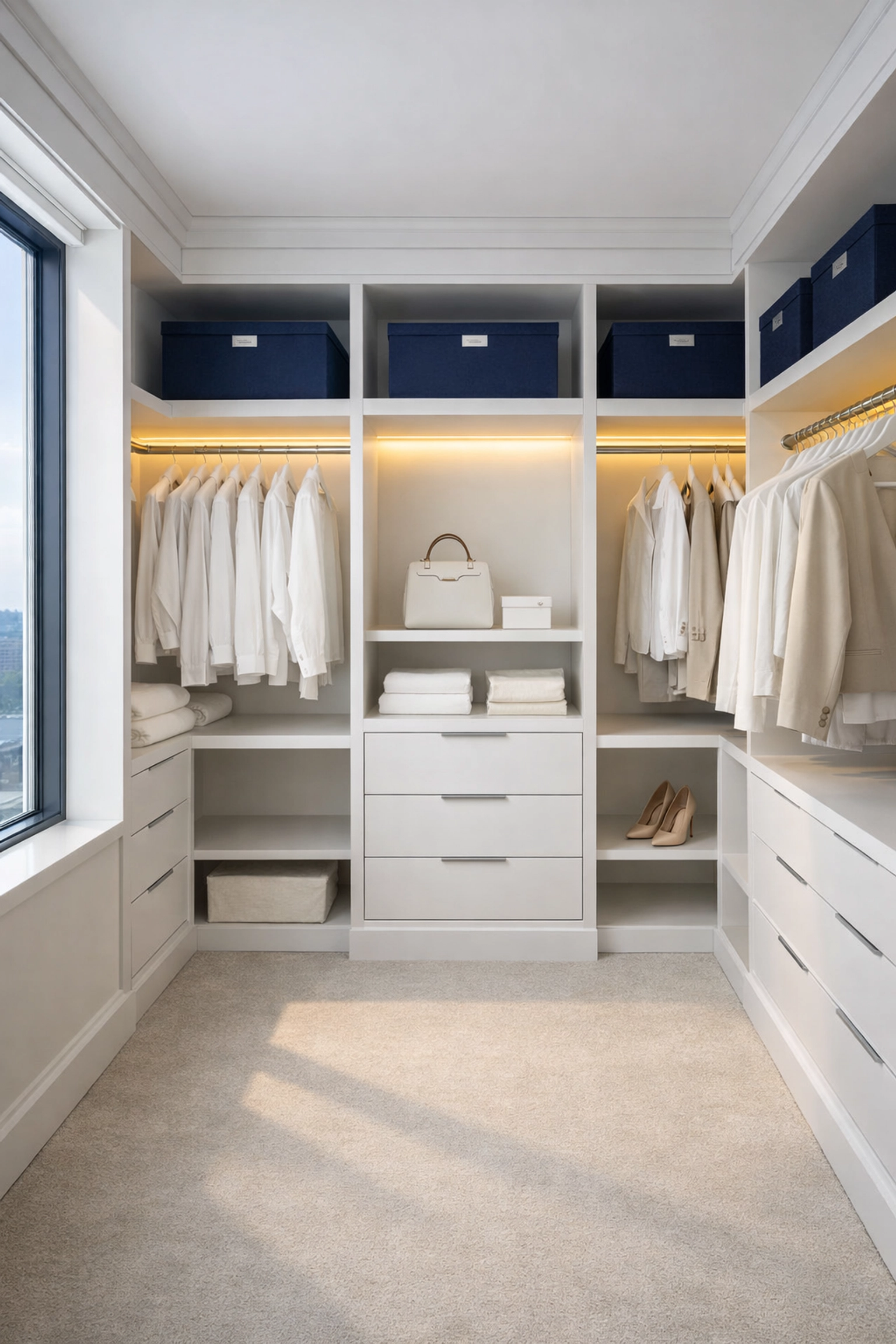 Organized walk-in closet in a Seaport high-rise demonstrating efficient apartment cleaning Boston decluttering hacks.