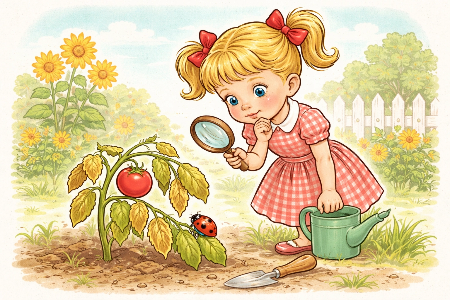 Young girl investigates wilted tomato plant, developing problem-solving and resilience