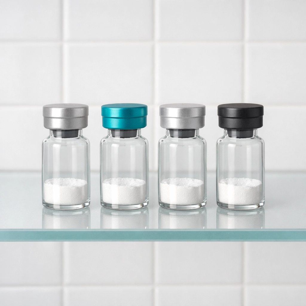 Organized laboratory glass vials with colorful caps for metabolic peptide research.