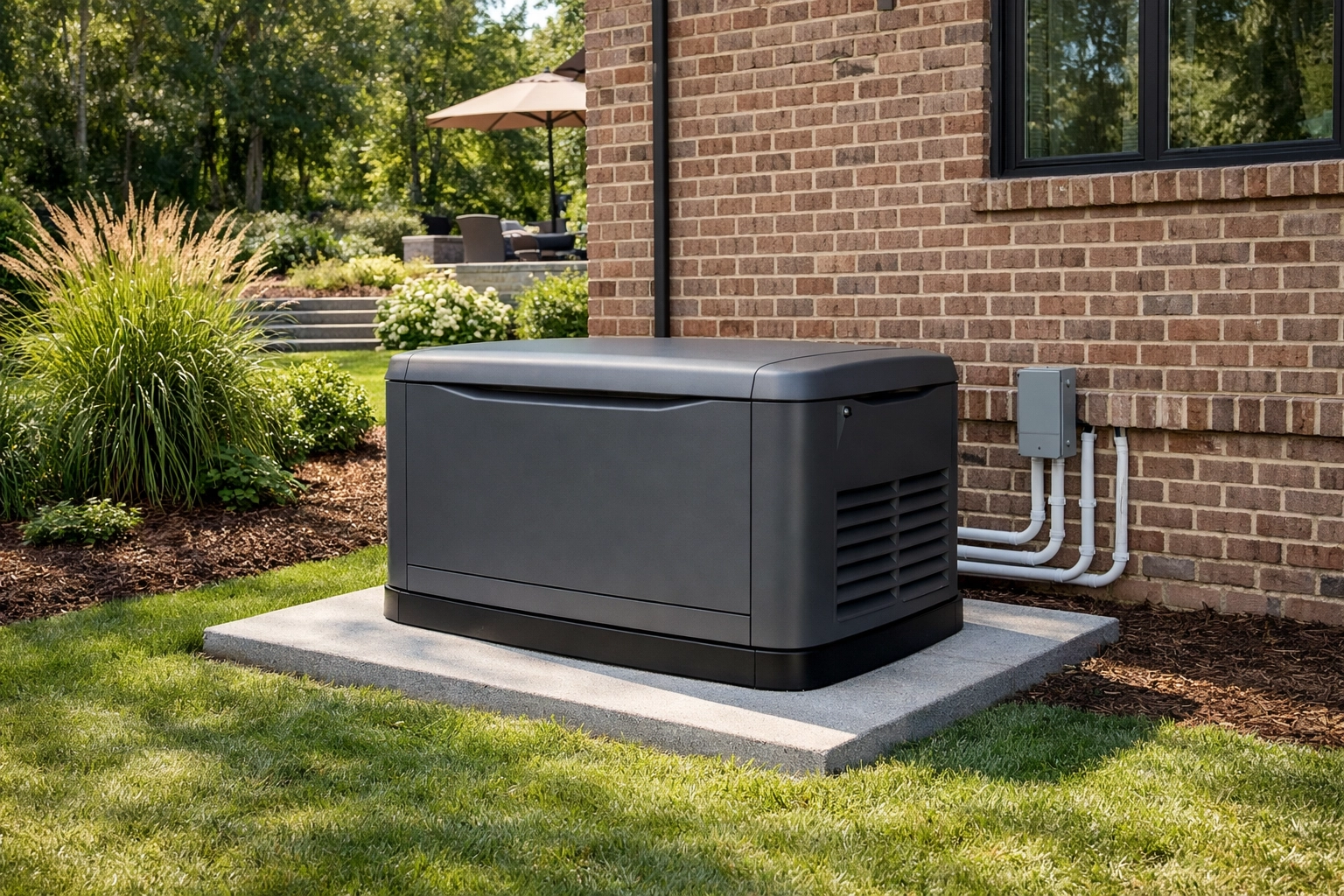Professional installation of a whole house generator in Atlanta on a secure concrete pad in a backyard.