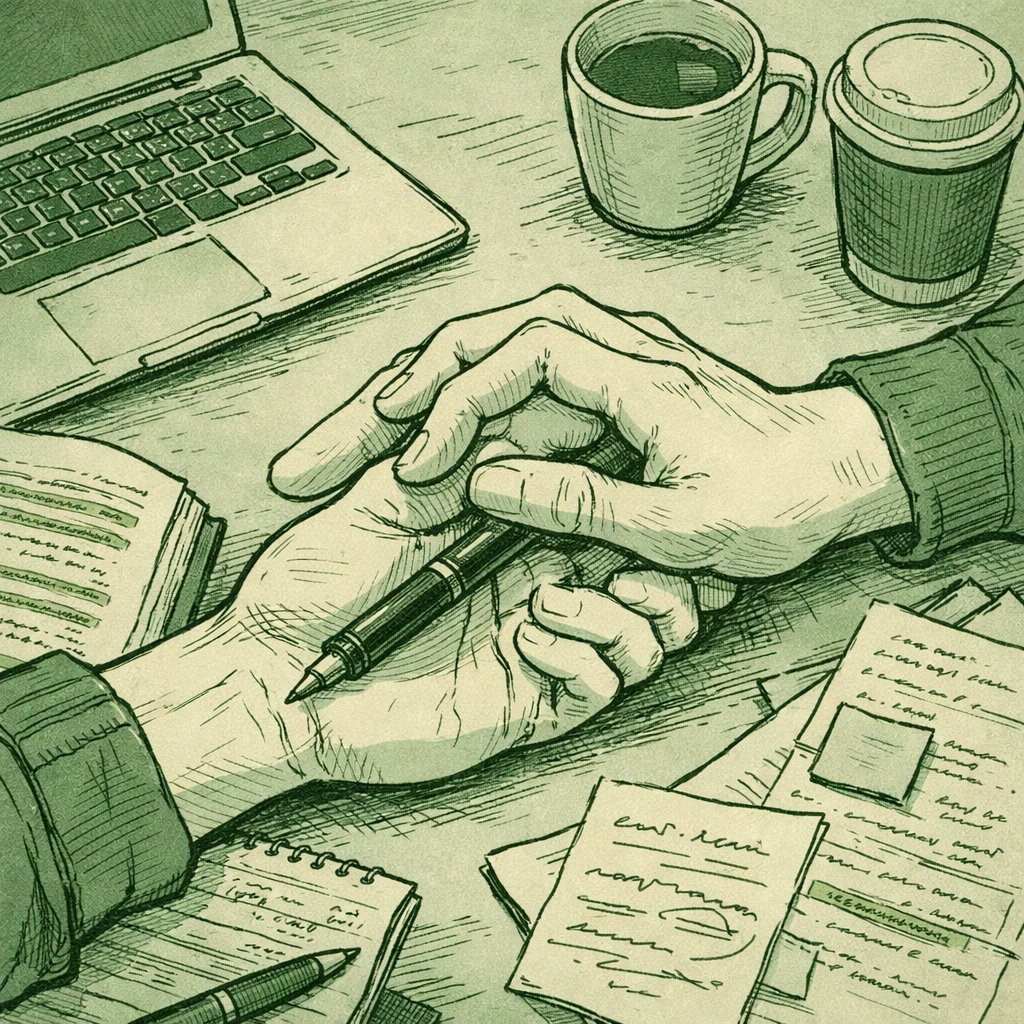 Close-up of two men's hands touching over textbooks in emotional MM library romance scene